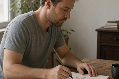 A clearly adult man with short brown hair sitting alone at a wooden desk in a quiet room, sketching in a sketchbook with a thoughtful expression from a three-quarter angle under soft natural light fro