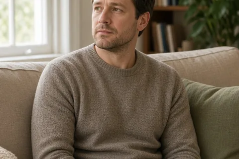 A man in his mid-thirties with short brown hair sitting alone on a couch in a sunlit living room, looking thoughtful and calm