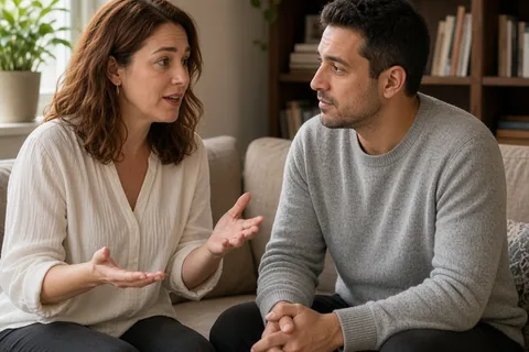The woman with shoulder-length auburn hair speaks to the man with short dark hair who listens attentively in an apartment living room.