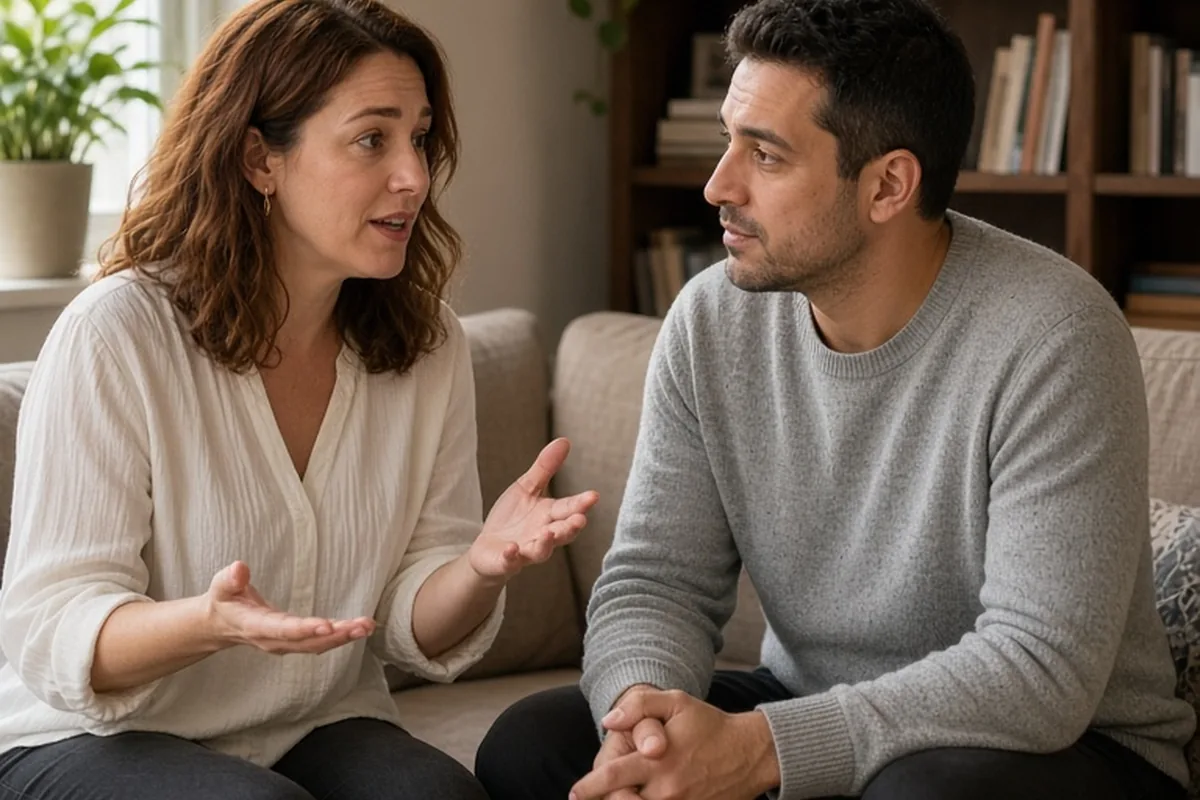 The woman with shoulder-length auburn hair speaks to the man with short dark hair who listens attentively in an apartment living room.