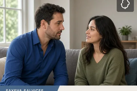 The Aries man speaking gently to the Pisces woman on a living room sofa as part of an apology, with her listening attentively.