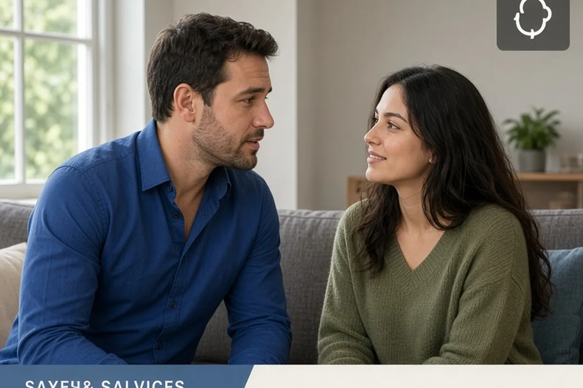 The Aries man speaking gently to the Pisces woman on a living room sofa as part of an apology, with her listening attentively.