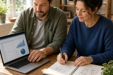 The couple sit at a wooden table in a bright home office, the man reviewing financial documents on a laptop and the woman sketching in a notebook