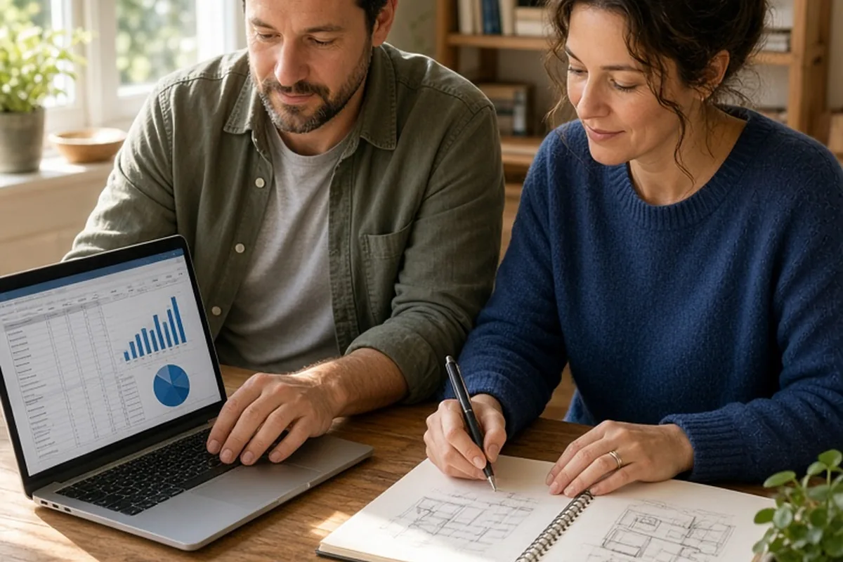 The couple sit at a wooden table in a bright home office, the man reviewing financial documents on a laptop and the woman sketching in a notebook