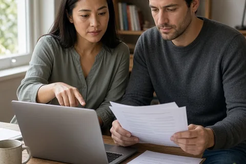 A couple working together at a desk in their home office on a laptop, the woman pointing at the screen and the man reviewing documents.