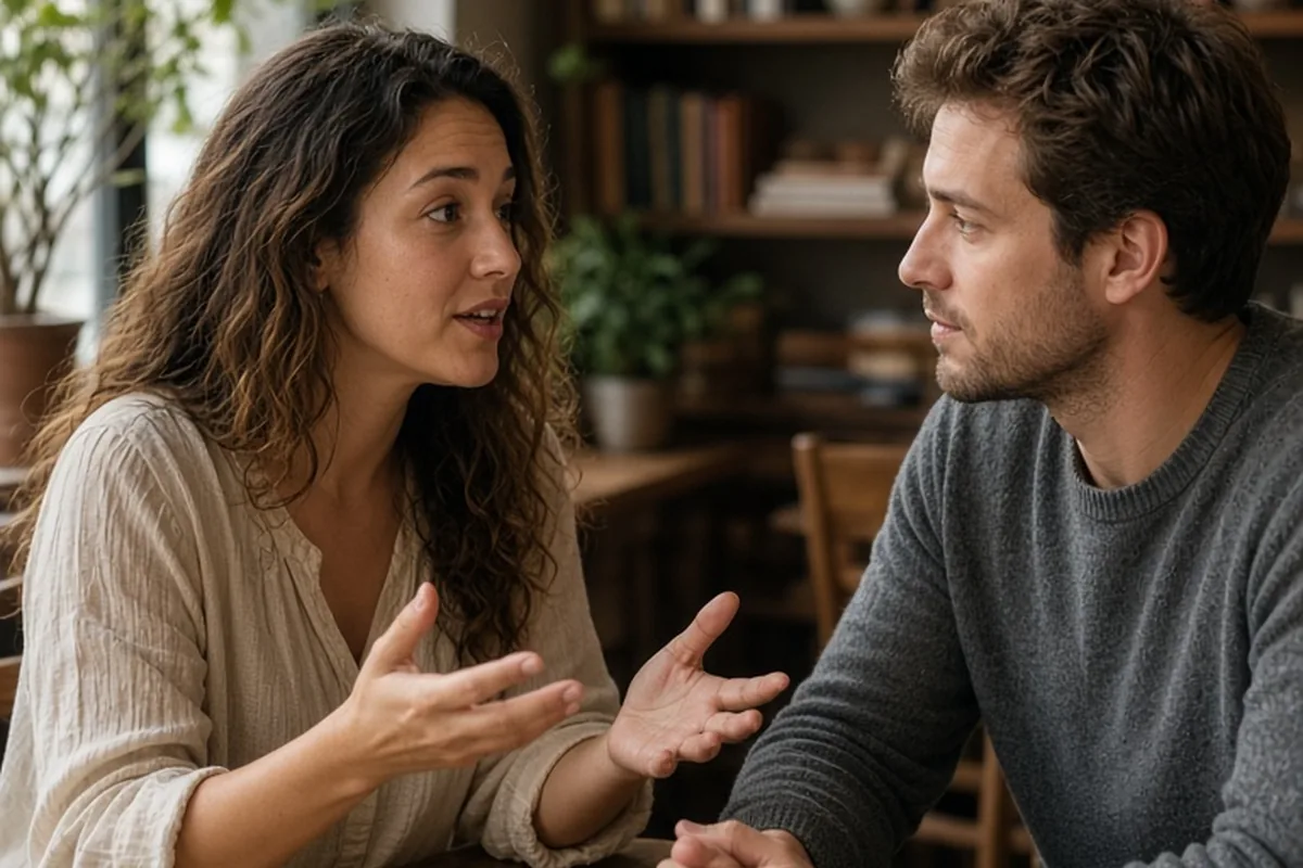 A woman with wavy brown hair speaking and gesturing at a cafe table while a man with short brown hair listens attentively with hands folded