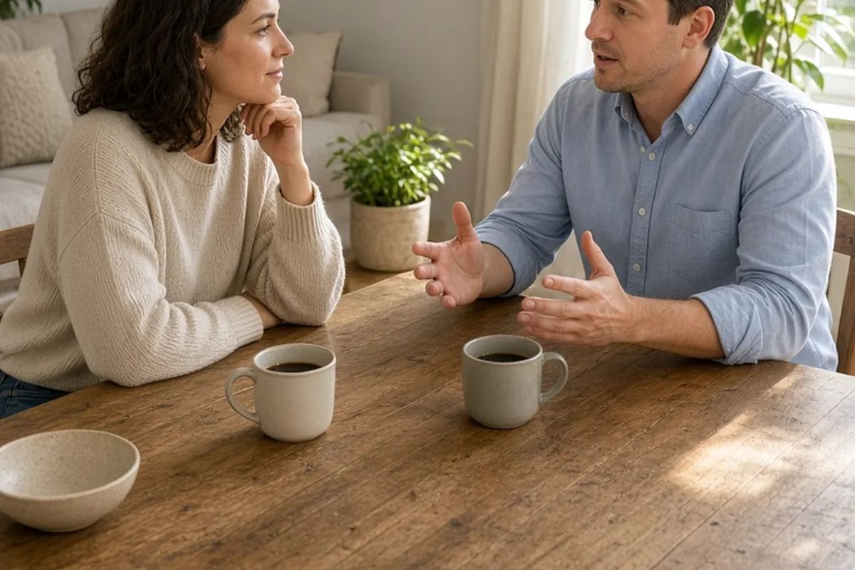 A clearly adult woman in her early thirties with wavy dark hair and a clearly adult man in his mid-thirties with short brown hair seated at a dining table in a living room engaged in conversation