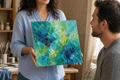 A woman in her early thirties holding up a painting as a man in his early thirties sits and looks at it