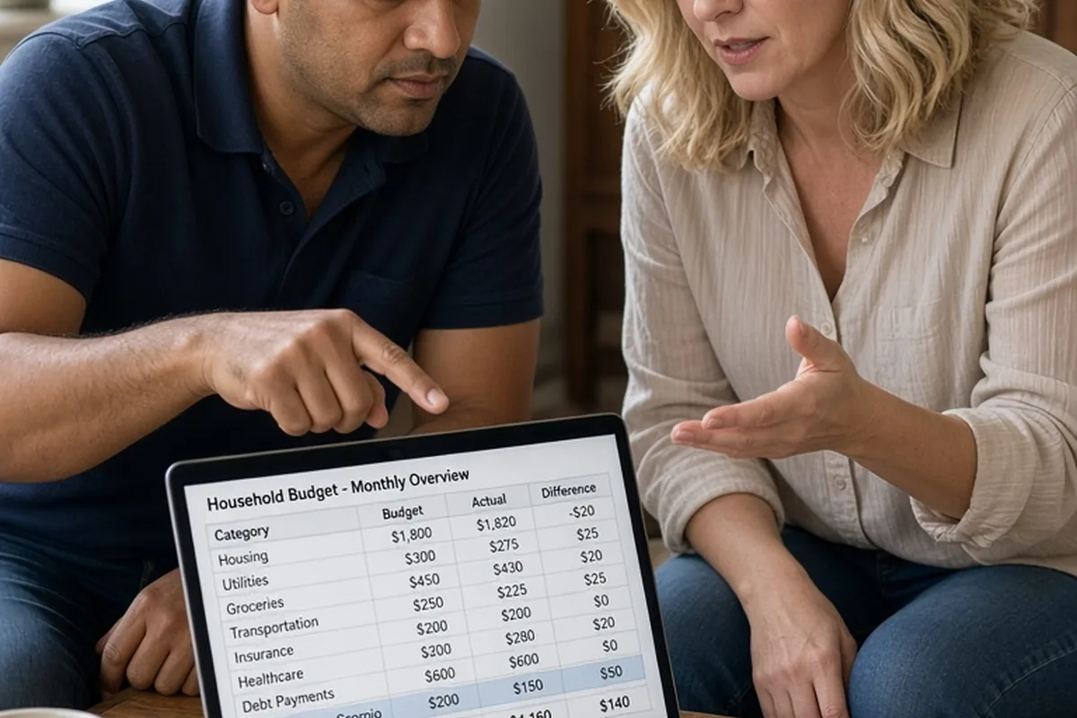 A woman and a man seated at a table in their home reviewing a budget on a laptop screen together