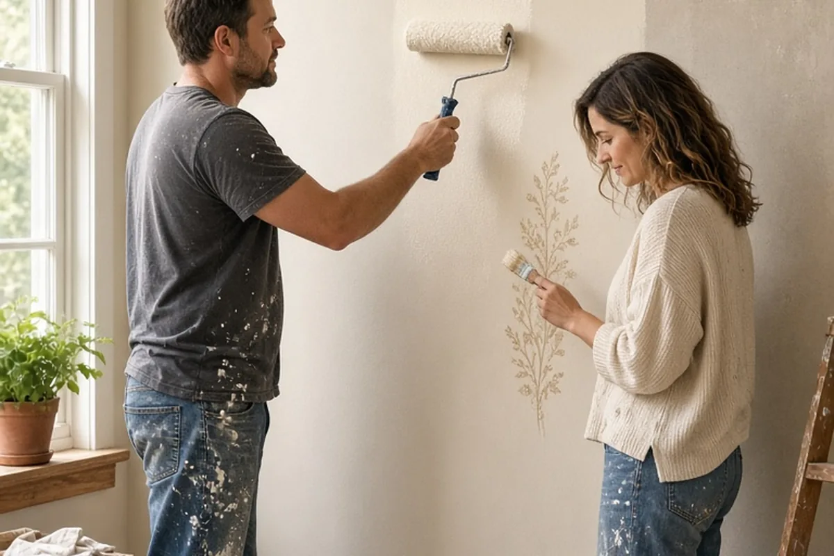 A man and woman painting the walls of a living room together during home renovation.