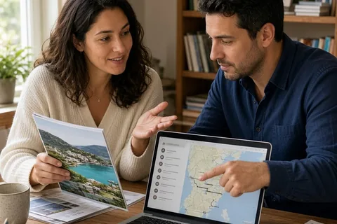 A woman with wavy dark brown hair gesturing toward a travel brochure and a man with short dark hair pointing at a laptop in a home office setting