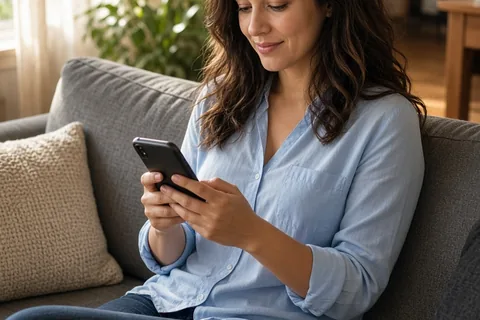 A woman in a sunlit room holding her phone and typing a supportive message with a thoughtful expression