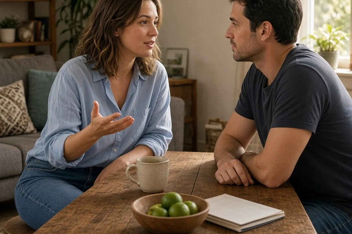 A woman in her early thirties with wavy brown hair and a man in his early thirties with short dark hair sit at a dining table in a living room, the woman gesturing as she discusses relationship bounda