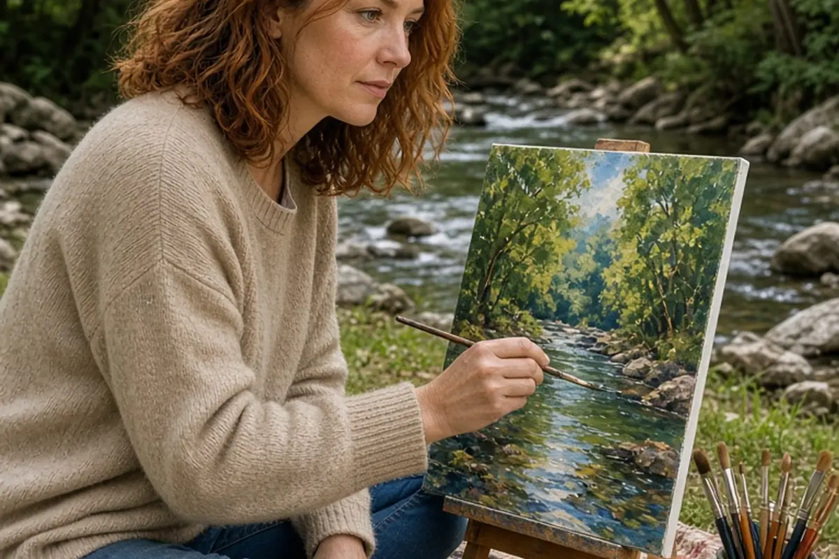 A clearly adult woman with shoulder-length wavy auburn hair and hazel eyes sits in a park painting a landscape on a canvas.