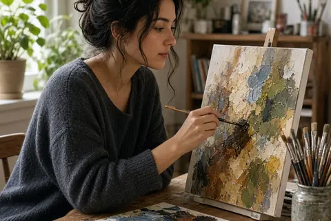 A clearly adult woman with wavy dark hair painting a canvas at a desk in her apartment