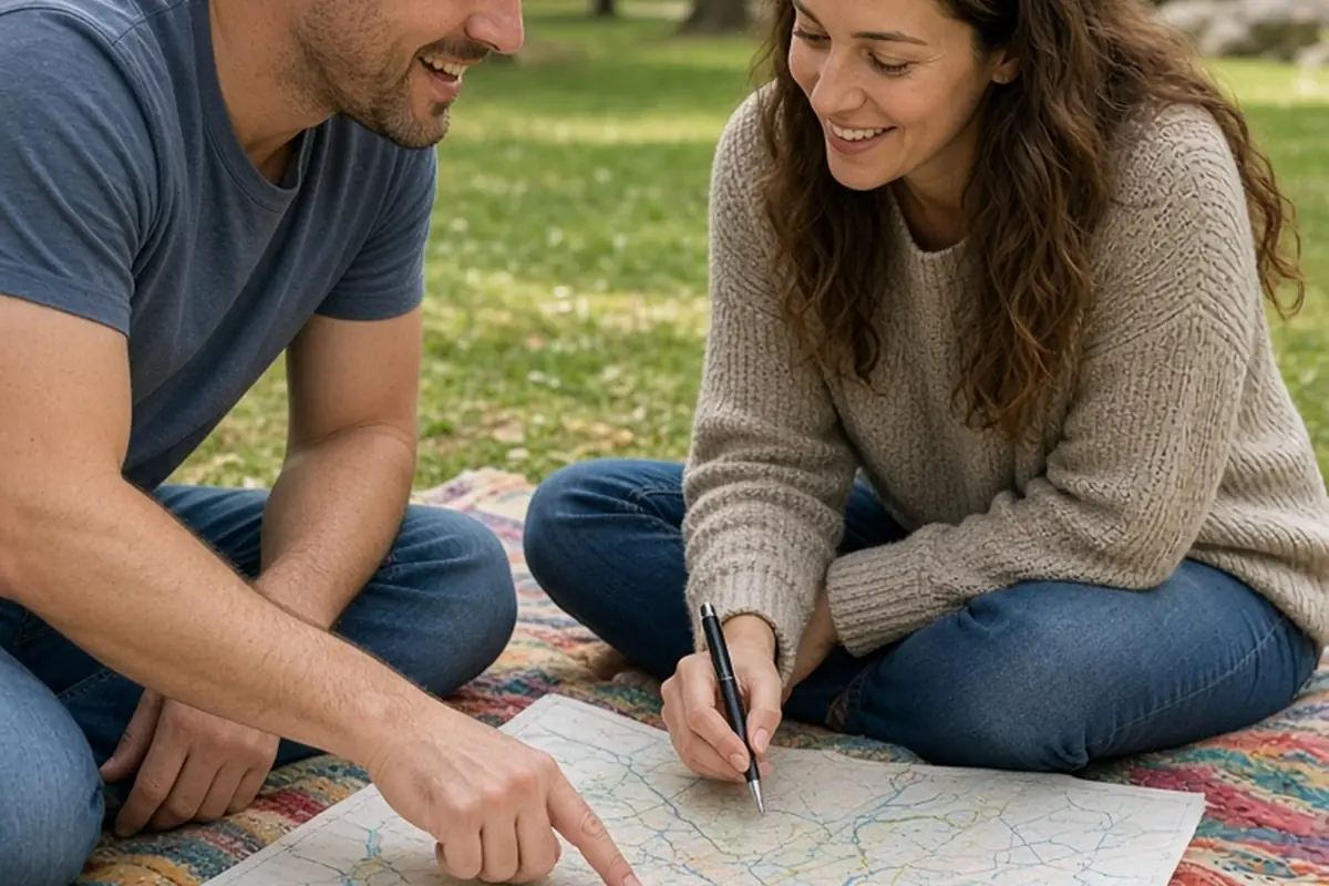 A man and a woman sitting outdoors on a picnic blanket with an open map between them, engaged in planning their future together