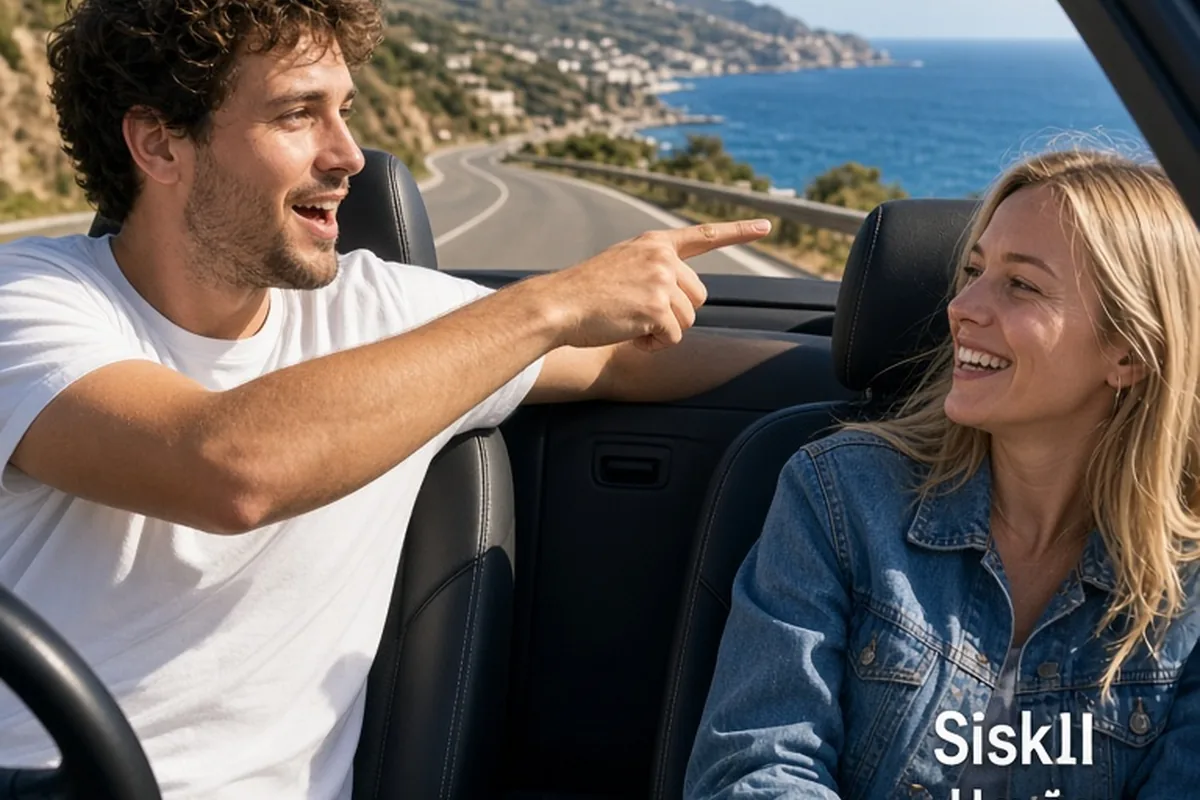 Two friends in a convertible car driving on a scenic road towards an unfamiliar town, one pointing at the scenery while the other listens.