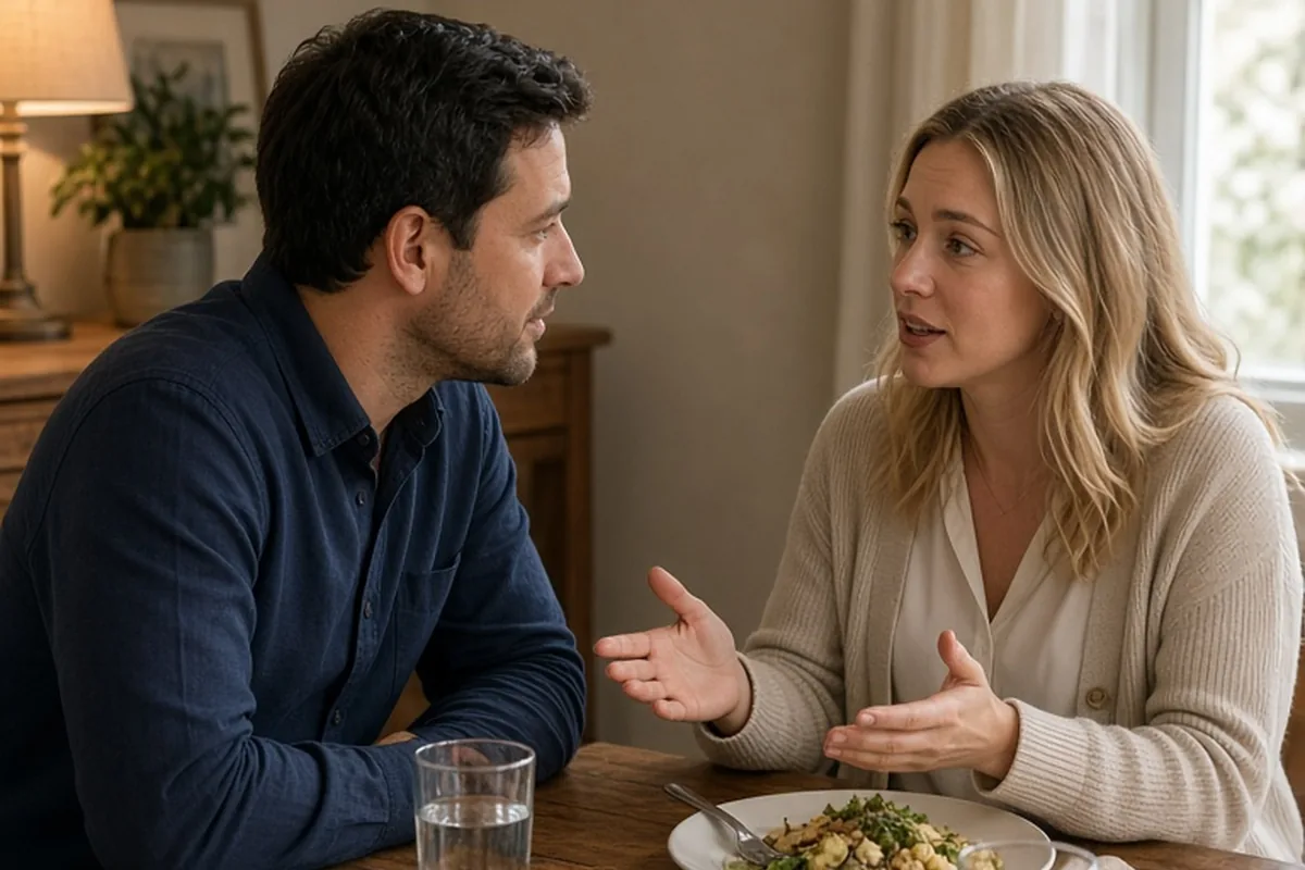 A man and a woman at a dinner table engaged in a calm conversation, the woman speaking and the man listening