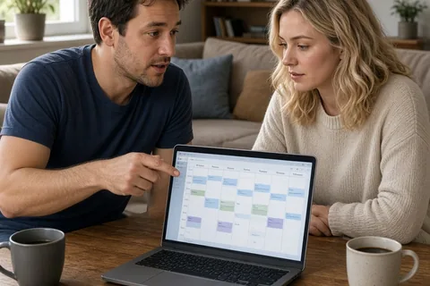 A couple at a wooden table in a modern living room with an open laptop between them, one partner gesturing to the screen and the other listening attentively.