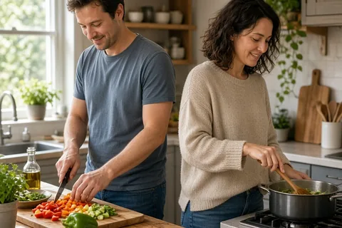 A man with short brown hair and a woman with wavy dark hair cooking together in a kitchen, one chopping vegetables and the other stirring a pot on the stove.