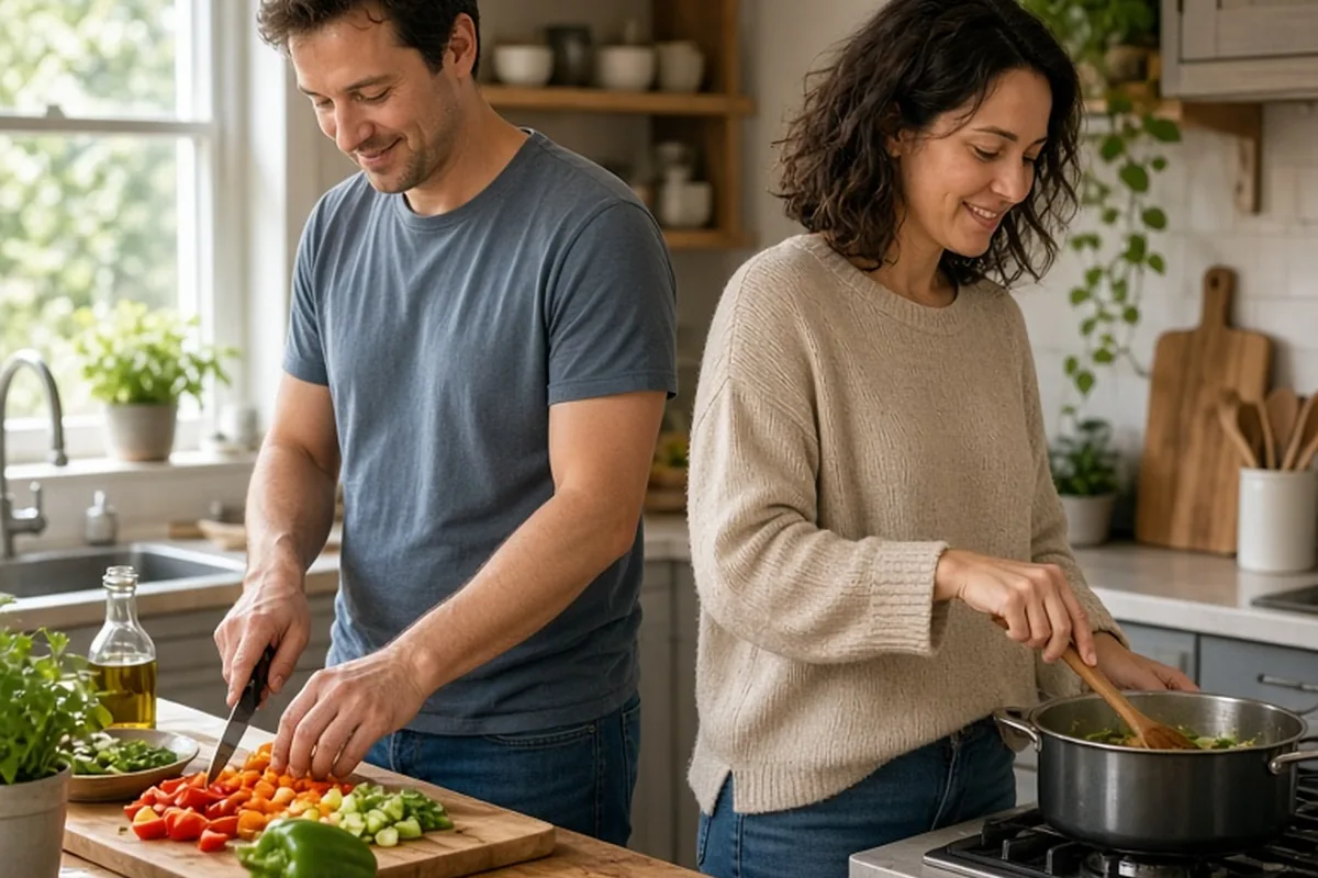 A man with short brown hair and a woman with wavy dark hair cooking together in a kitchen, one chopping vegetables and the other stirring a pot on the stove.