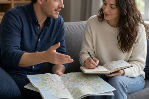 A man and a woman sitting on a sofa in a living room looking at a travel map and a planner notebook