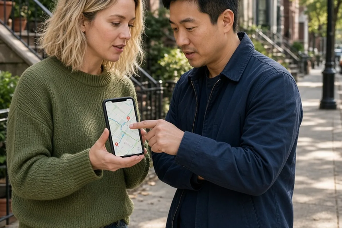 Two friends in their thirties on a city sidewalk examining a map on a smartphone while planning a dinner reservation.