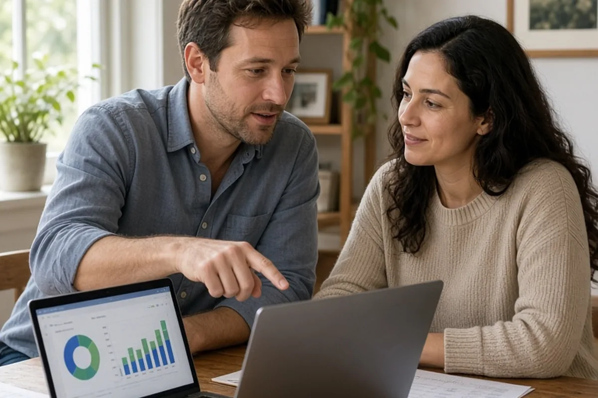 A man and a woman sitting at a desk in a home office, the man pointing at a laptop while the woman nods in agreement.