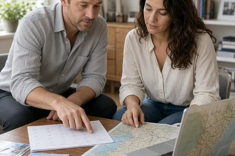 Marcus and Elena seated at a desk in a home office reviewing a calendar and travel map while dividing travel planning duties