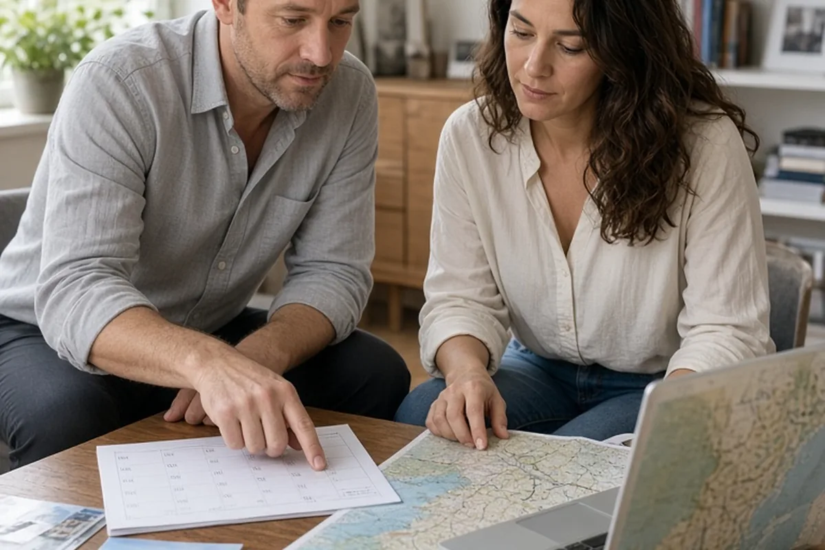 Marcus and Elena seated at a desk in a home office reviewing a calendar and travel map while dividing travel planning duties