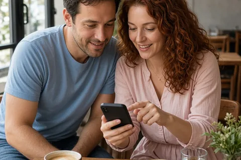 A couple in a cafe looking excitedly at their phones while searching for last-minute concert tickets