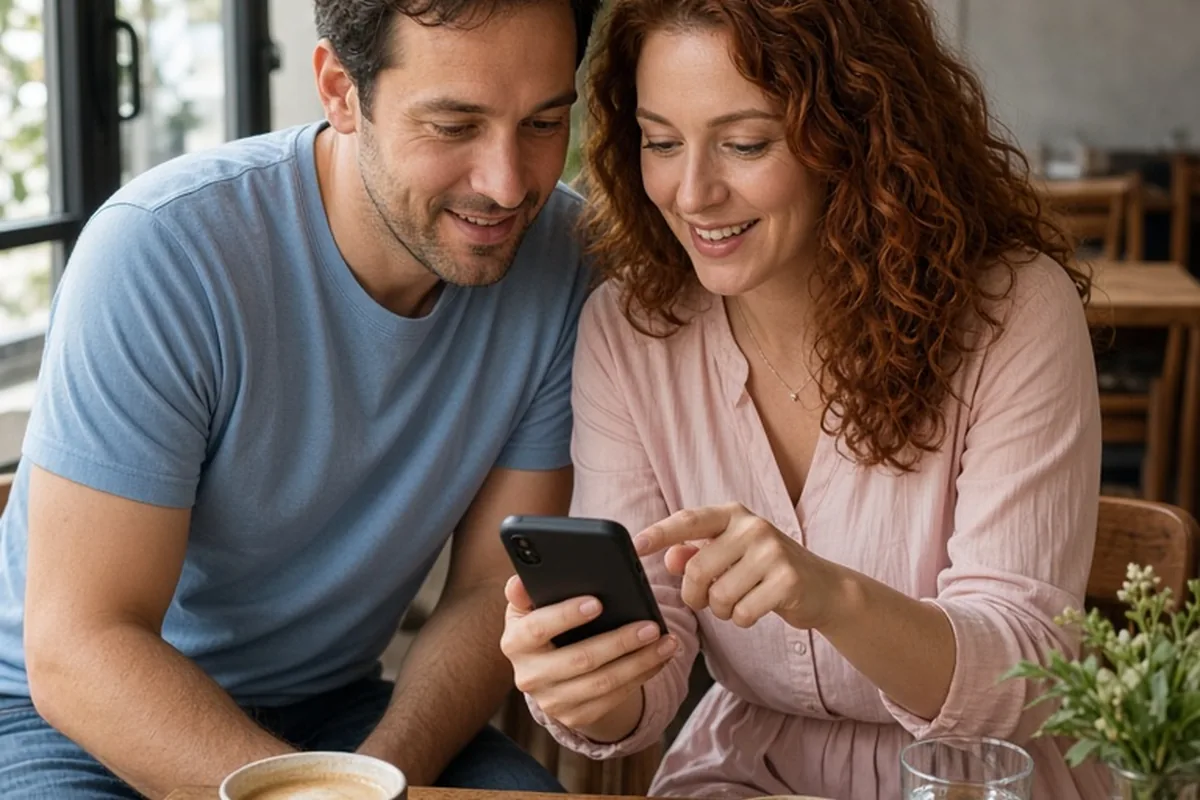 A couple in a cafe looking excitedly at their phones while searching for last-minute concert tickets