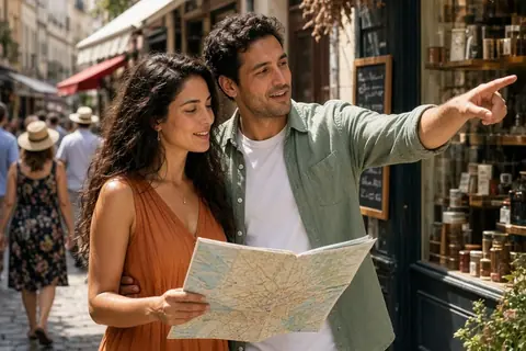 A clearly adult woman with long wavy dark hair and a clearly adult man with short dark hair walking on a sunny city street, the woman holding a map and the man pointing at a shop