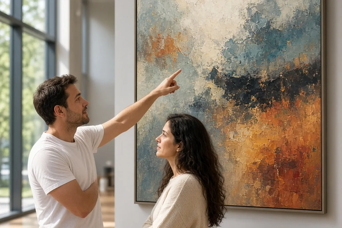 Two adults in a modern art gallery examining a large abstract painting while discussing it