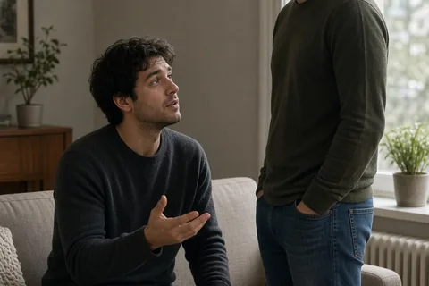 A man sitting on a couch in a living room speaking to another man standing beside him who is listening attentively