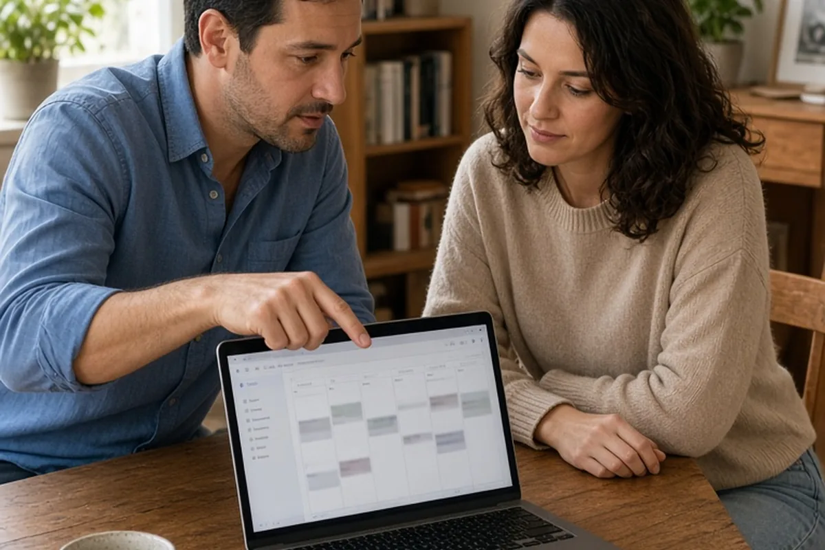 A man and woman sitting at a desk in an office looking at a laptop screen displaying a calendar with the man gesturing and the woman nodding
