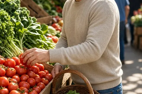 A clearly adult man in his mid-thirties with short dark hair and light stubble standing at an outdoor market stall selecting fresh vegetables and fruits from a wooden crate into his woven basket