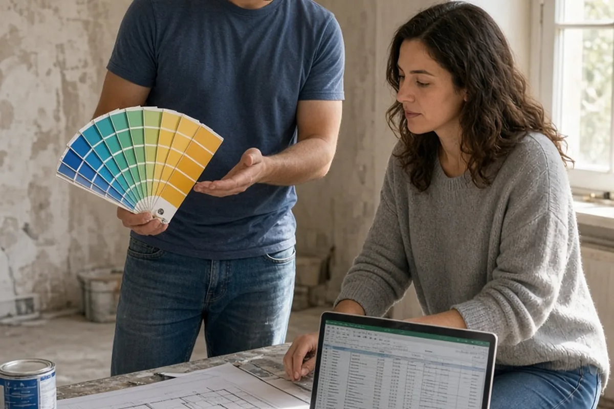 A man in his early thirties with short dark hair holding paint swatches and a woman in her late twenties with wavy brown hair using a laptop in a half-renovated room
