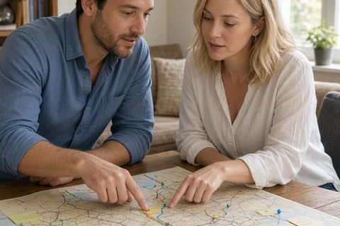 A couple in casual clothes sitting at a table in a living room examining a travel map together.