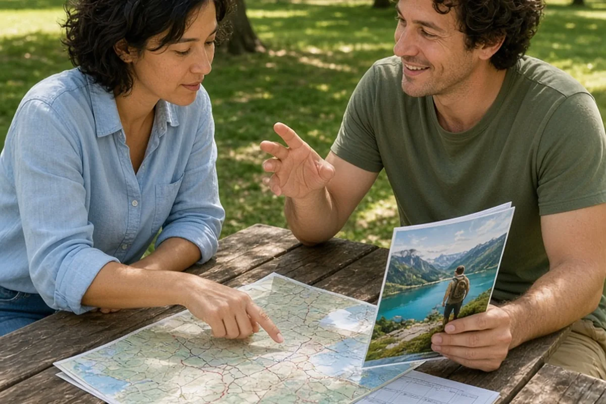 A couple seated at a picnic table in a sunny park with a map, calendar and travel brochure