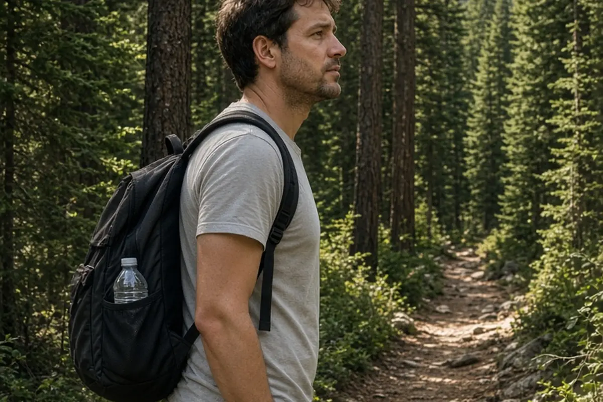 A man with short wavy brown hair hiking alone on a forest trail, wearing casual outdoor clothes and a small backpack, with the path and trees in the background.