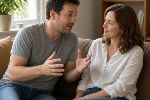 A man with short brown hair and light stubble and a woman with shoulder-length auburn hair sitting on a sofa in a living room, the man gesturing while speaking to the woman who is listening attentivel