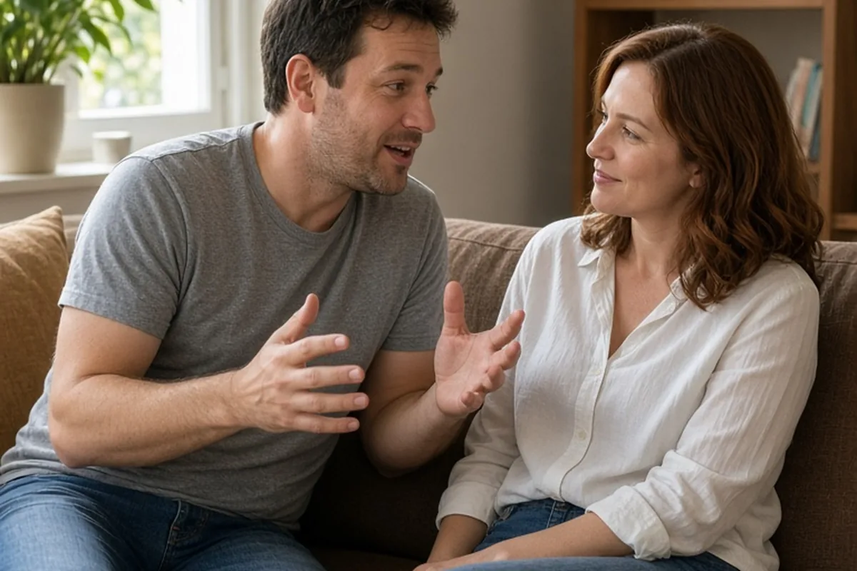 A man with short brown hair and light stubble and a woman with shoulder-length auburn hair sitting on a sofa in a living room, the man gesturing while speaking to the woman who is listening attentivel