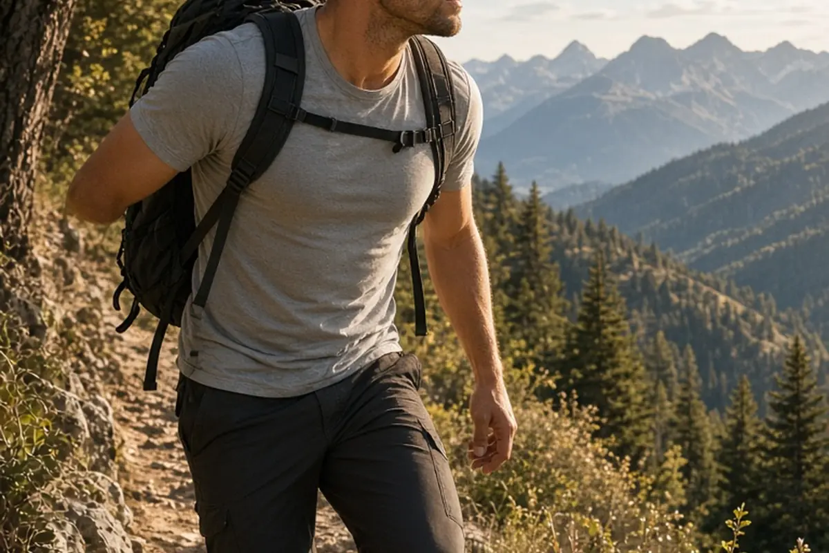 A clearly adult man with short brown hair and athletic build energetically hiking on a mountain trail in golden sunlight, wearing a gray t-shirt and hiking pants, with mountains and trees in the backg