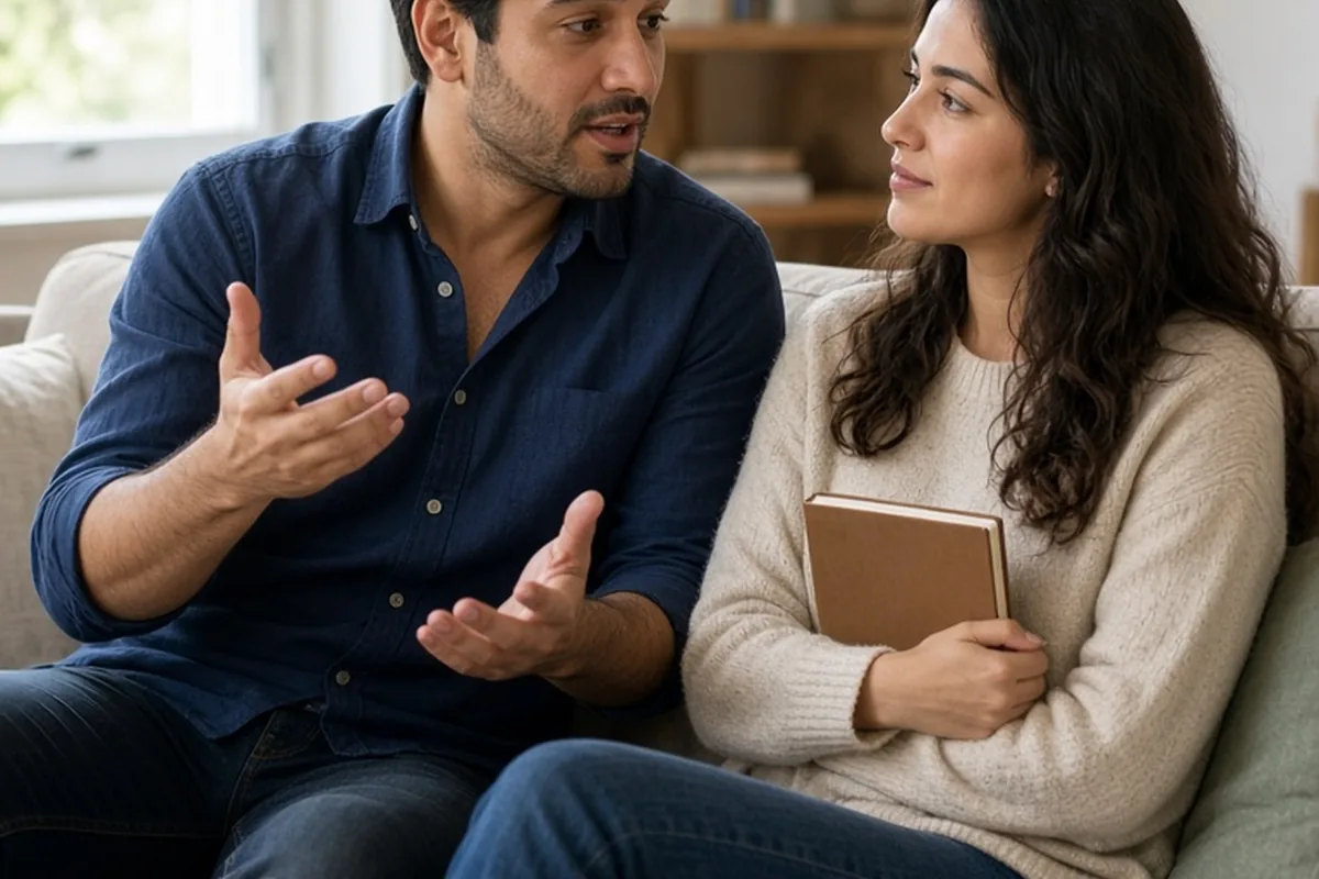 The Sagittarius man and Scorpio woman sitting on a couch in a living room, the man gesturing while talking and the woman holding a notebook as they converse.
