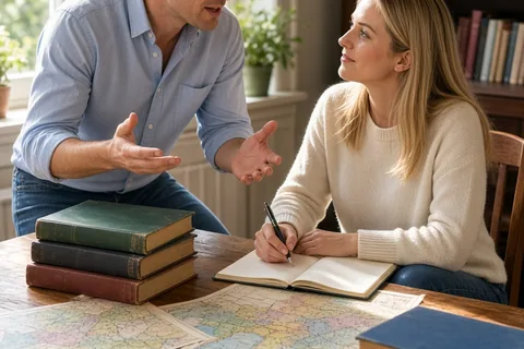 A man and a woman in a classroom taking notes on historical topics at a table with books and maps.