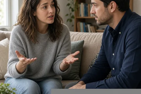 Woman with wavy brown hair in gray sweater explaining feelings to man with dark hair in button-down shirt in a living room