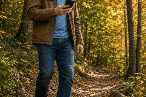 A man in his early thirties with short brown hair standing on an autumn hiking trail holding a smartphone.