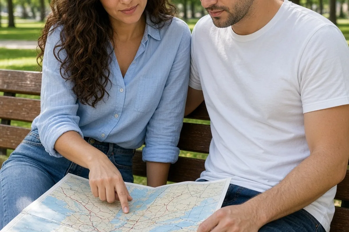 The Sagittarius woman with wavy dark brown hair and the Aquarius man with short dark hair sitting side by side on a wooden bench in a lush green park, both examining a detailed travel map spread betwe