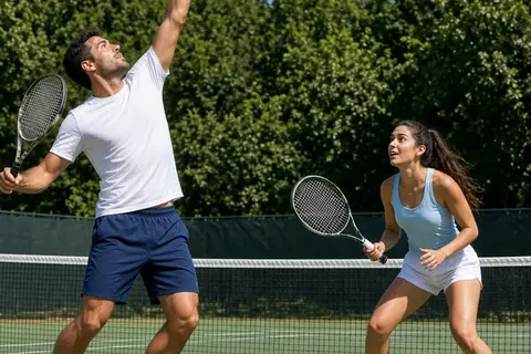 A couple playing tennis outdoors, the man serving the ball while the woman smiles and returns it